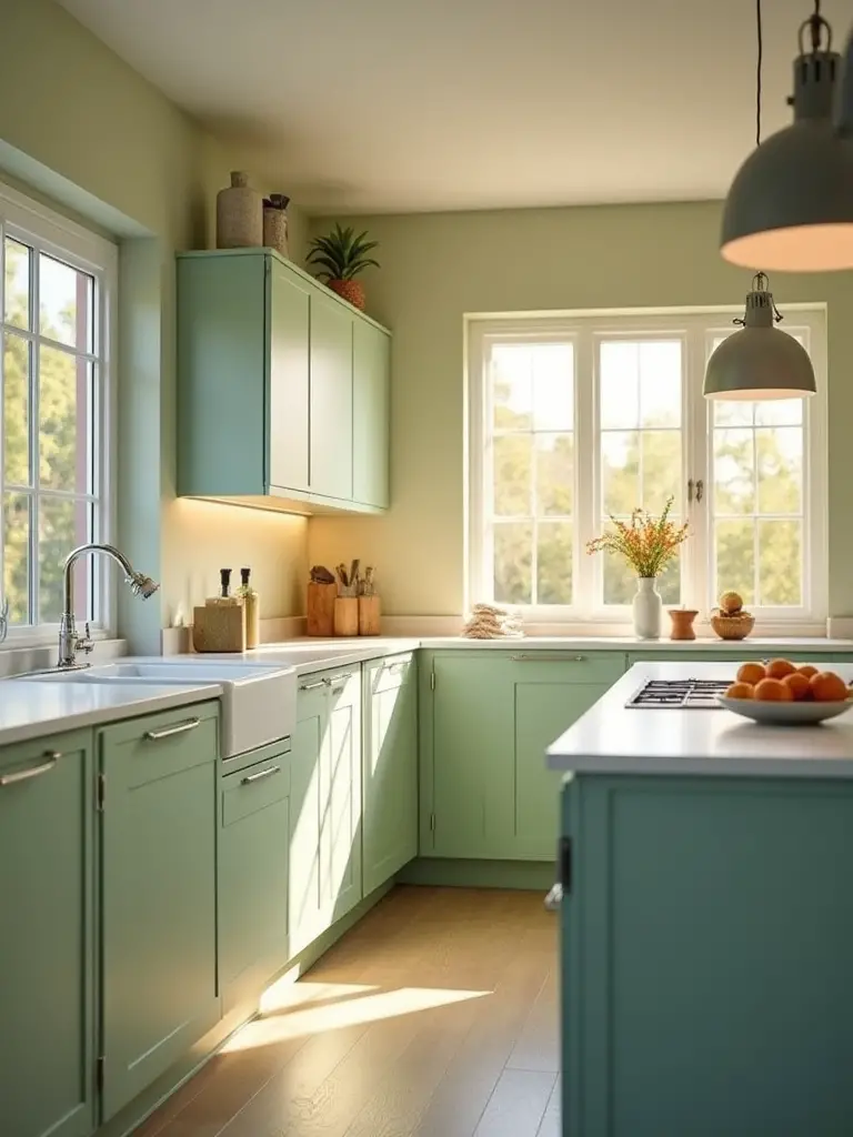 Sage green kitchen cabinets shown under three different lighting conditions: warm natural light, cool LED under-cabinet light, and neutral overhead light, illustrating how light changes cabinet color.