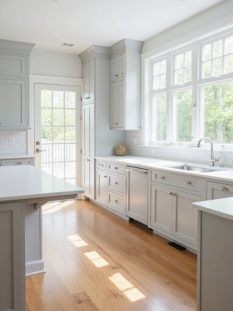 Bright modern kitchen featuring light gray shaker cabinets, white quartz countertops, subway tile backsplash, and warm wood flooring.
