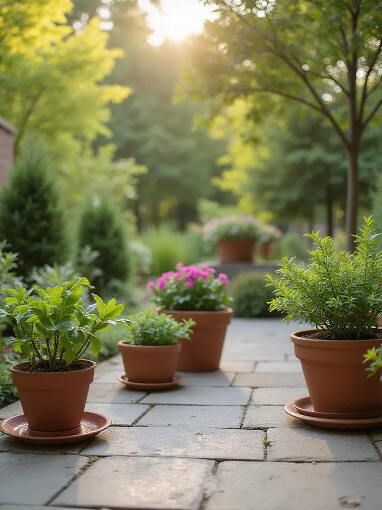 Potted plants on a patio, each sitting on a drainage saucer to protect the surface and manage excess water.