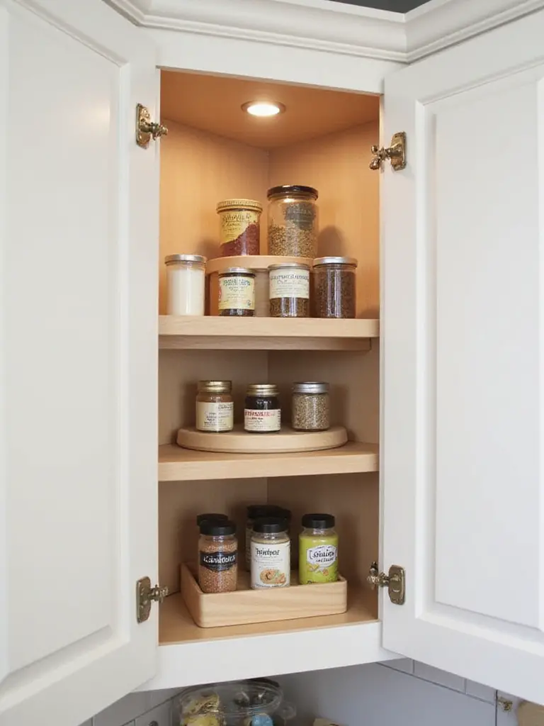 Tiered corner shelf insert inside a kitchen cabinet, organized with spice jars and cans.