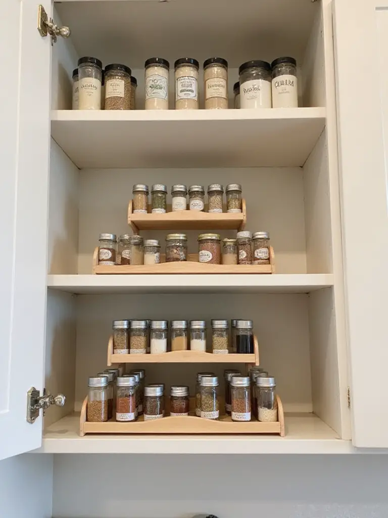 Interior view of a kitchen cabinet shelf with a tiered spice rack holding multiple spice jars, showing how the tiered design improves visibility of all spice labels.