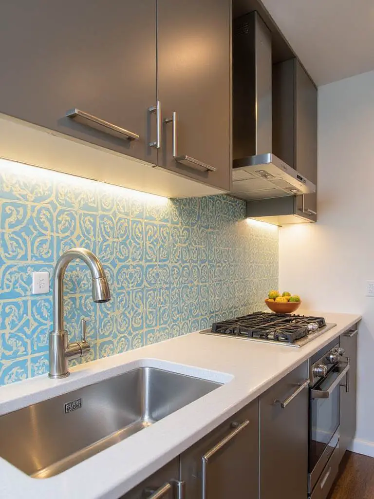 Stunning kitchen with a creative wallpaper backsplash featuring a geometric pattern.