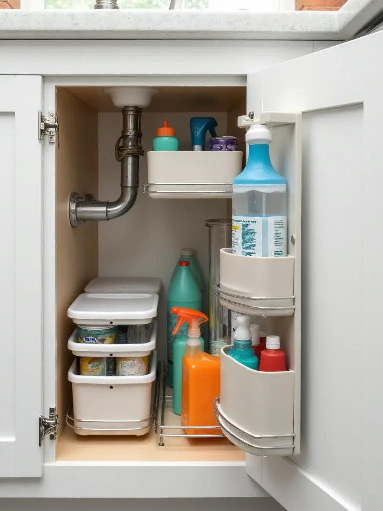 Organized under-sink kitchen cabinet with pull-out shelves, tiered storage, and bins for cleaning supplies, maximizing space around plumbing.