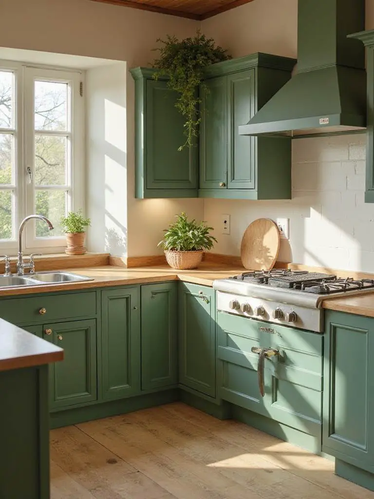 A calming kitchen scene showcasing green cabinets and natural wood elements.
