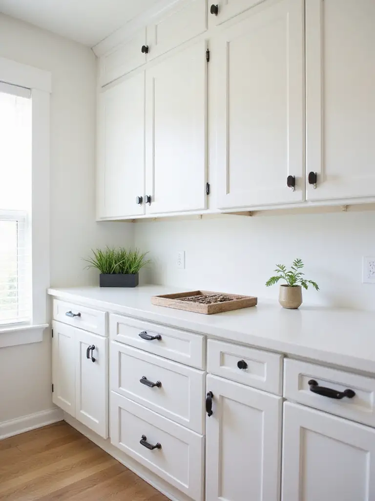 Light-colored kitchen cabinets updated with modern matte black knobs and pulls, showcasing how new hardware enhances style in a small space.