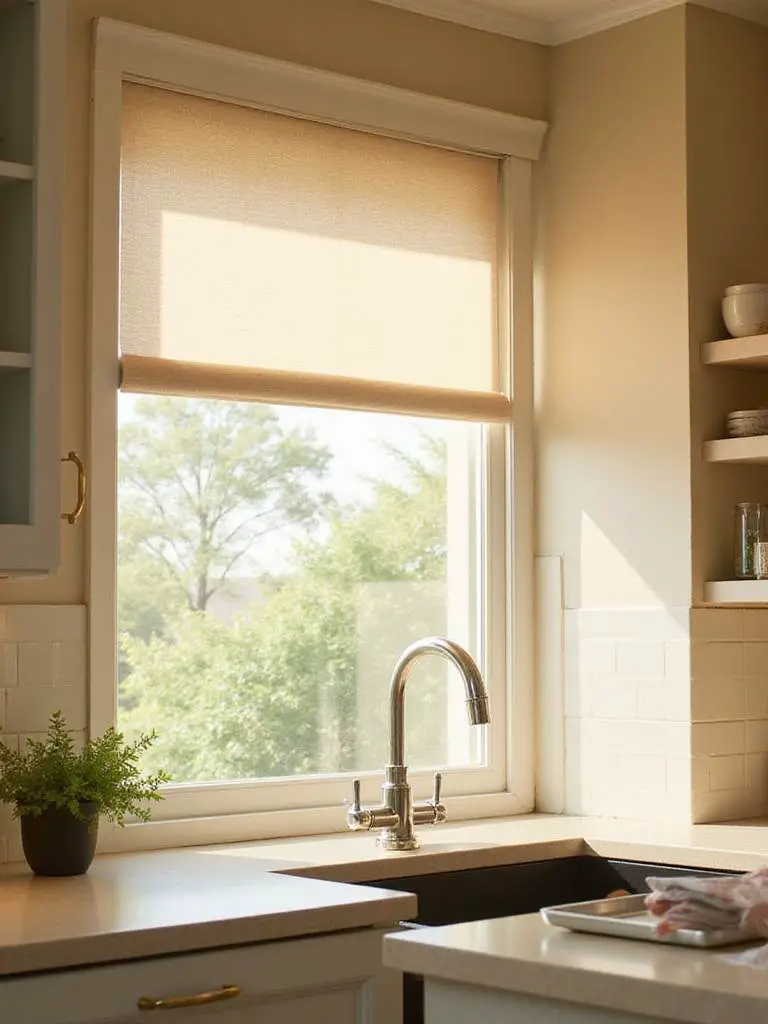 Modern kitchen window featuring a light-filtering Roman shade and a roller shade, showcasing updated window treatments for a kitchen space.
