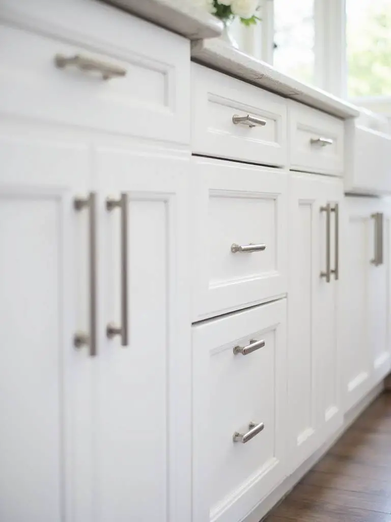 Brushed nickel pull handles installed on white shaker kitchen cabinets and drawers.