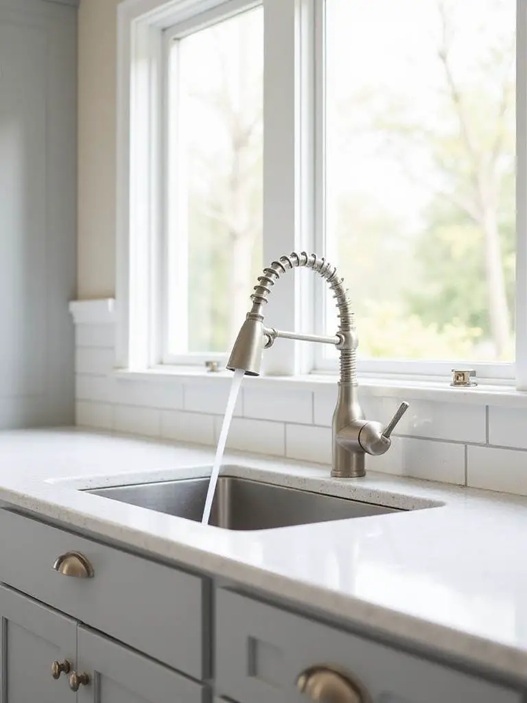 A stylish brushed nickel pull-down kitchen faucet installed on a light countertop next to a sink in a brightly lit transitional kitchen, demonstrating a decor upgrade.