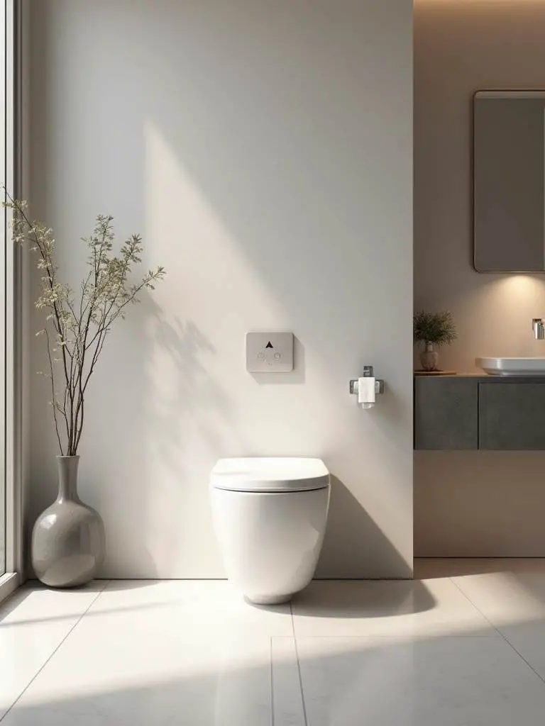 Sleek white smart toilet with a modern, minimalist design in a luxurious, well-lit bathroom.