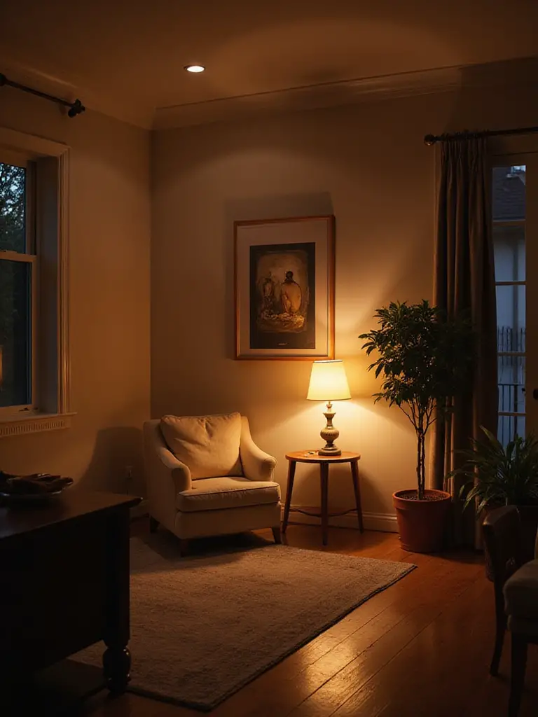 Living room interior at night showcasing layered lighting with ambient, task, and accent lights creating a warm, inviting ambiance.