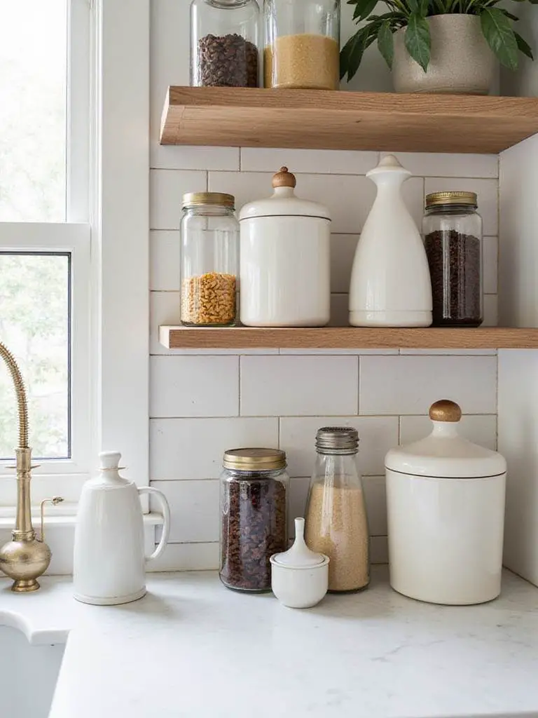 Decorative canisters and jars displayed on a kitchen counter or open shelf, adding style and storage.