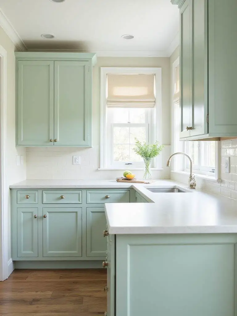 Small kitchen with sage green cabinets and white quartz countertops