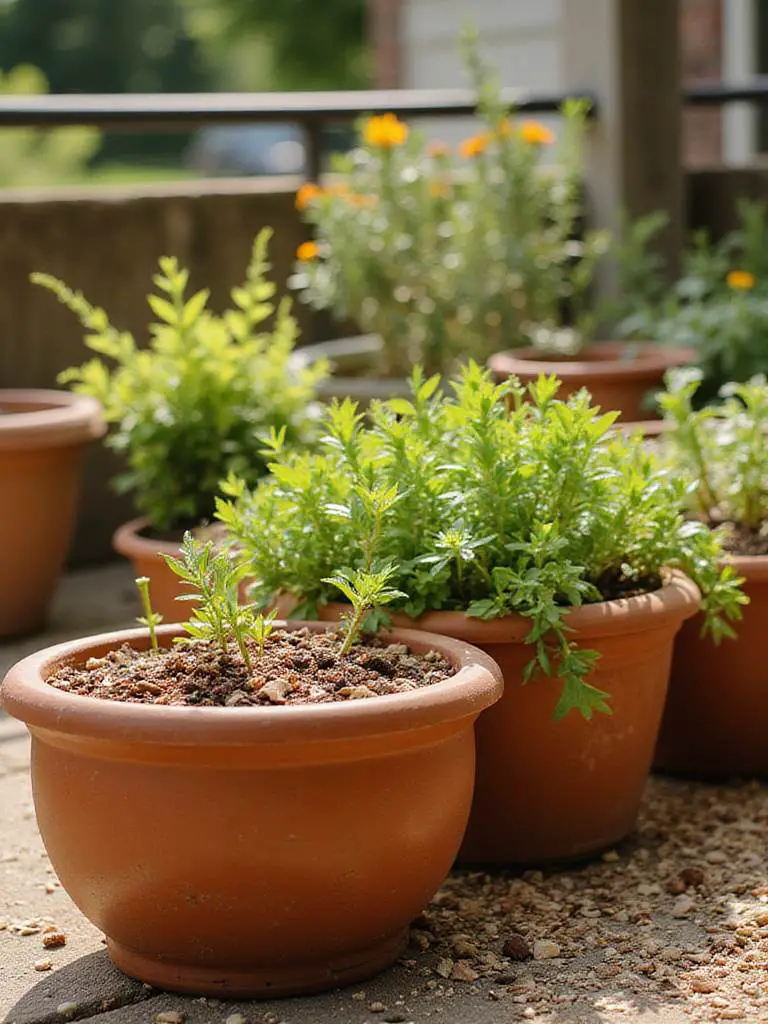 Variety of potted plants on a patio, with the soil surface of each pot covered in a layer of organic mulch to help retain moisture and regulate soil temperature.