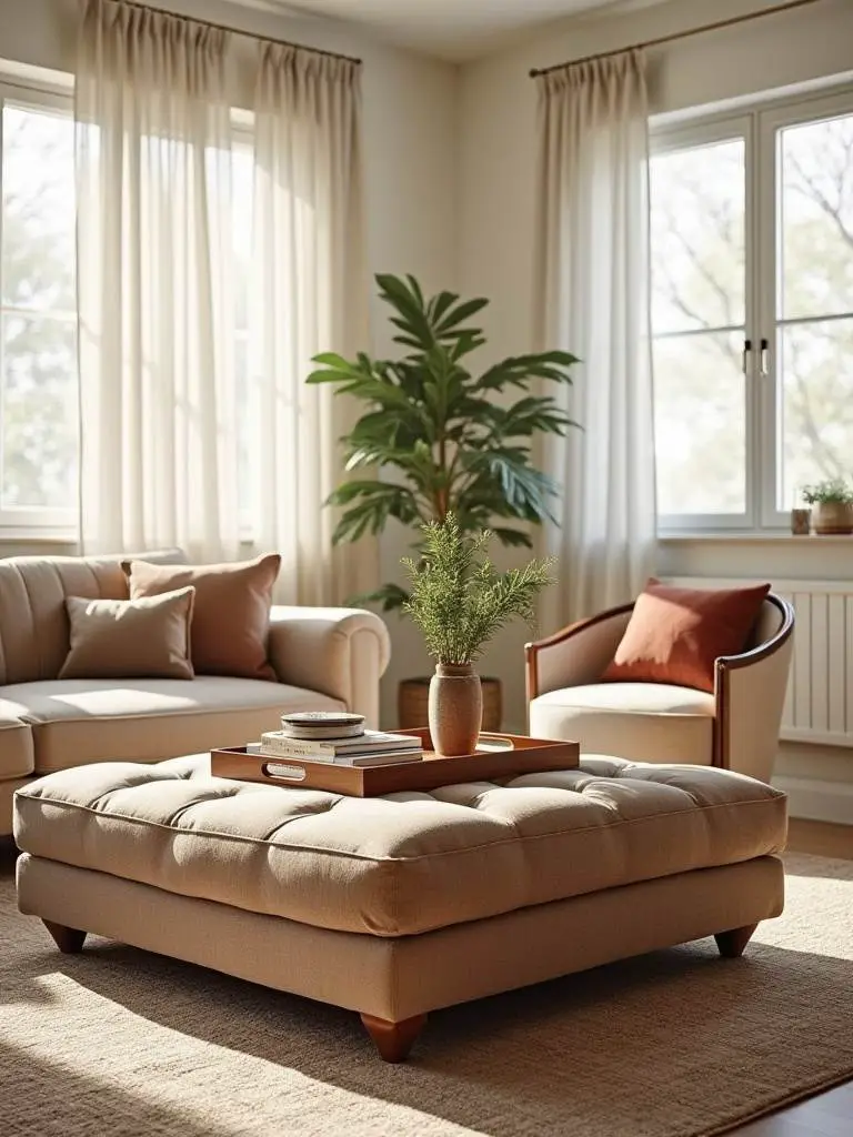 Modern living room featuring a large upholstered ottoman used as a versatile coffee table and footrest.
