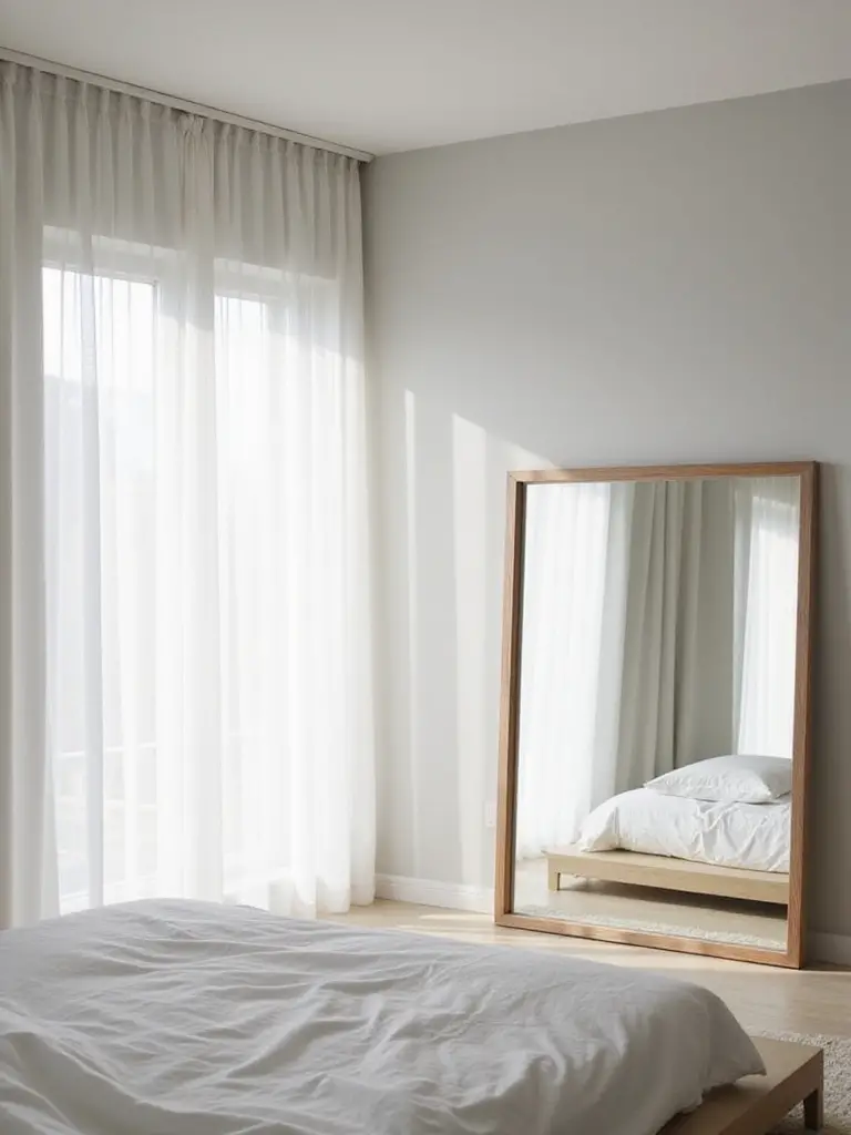 Minimalist bedroom with large mirror reflecting light and creating spacious feel