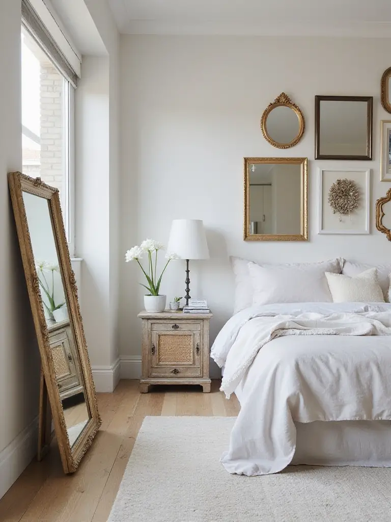 A serene bedroom featuring mirrors used artistically, including a large leaning ornate mirror and a gallery wall of diverse framed mirrors, reflecting light and enhancing the decor.
