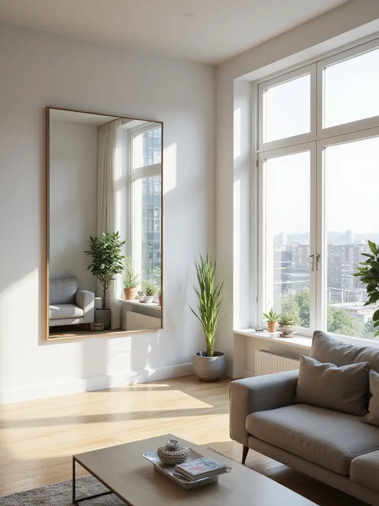 Modern apartment living room with a large mirror opposite a window, reflecting light and the view to make the space appear larger and brighter.