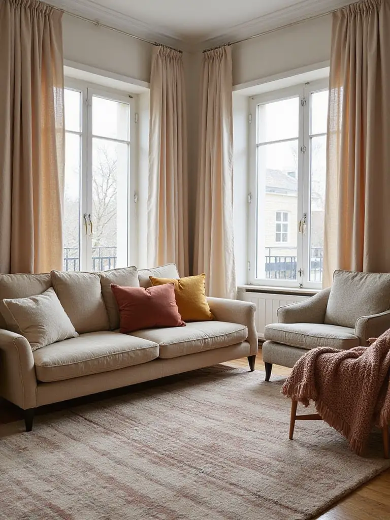 Apartment living room with layered textiles including a textured rug, patterned and textured throw pillows, and a cozy throw blanket on a sofa, illustrating comfort and style.