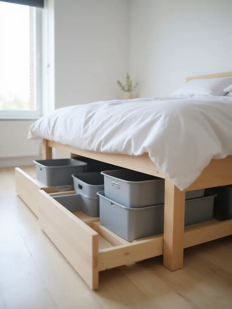 Minimalist bedroom featuring discreet under-bed storage solutions.