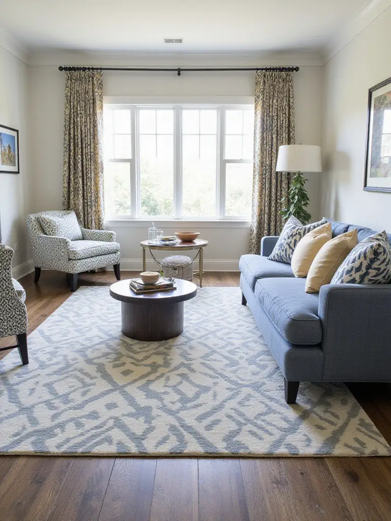 A stylish living room showcasing a harmonious mix of patterns, including a geometric rug, floral and striped pillows, ikat curtains, and a patterned accent chair, all within a cohesive color palette.