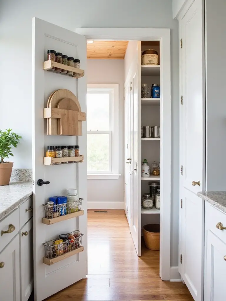 The inside of a kitchen cabinet door fitted with storage racks holding spices and cutting boards, demonstrating effective space utilization in a small kitchen.