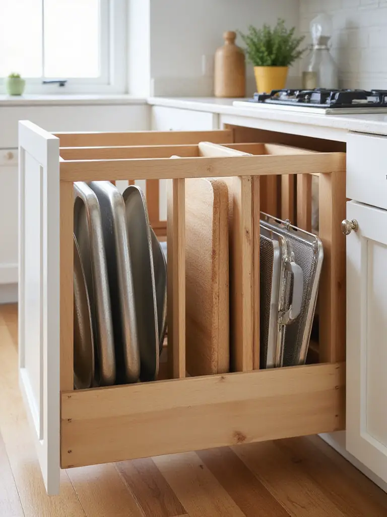 Open kitchen cabinet showing vertical dividers organizing baking sheets, cutting boards, and bakeware.