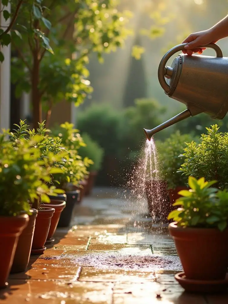 Morning sun lights a patio with many potted plants being watered from a watering can, illustrating wise watering practices for container gardens.