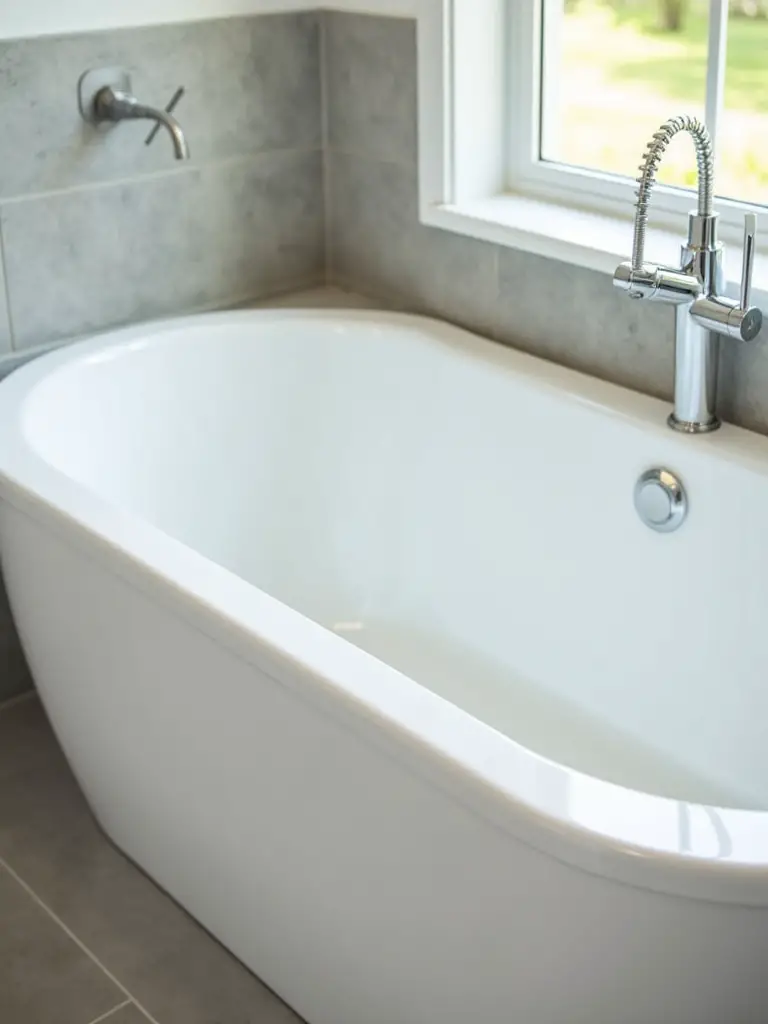 A modern fiberglass bathtub installed in a stylish bathroom with natural light.
