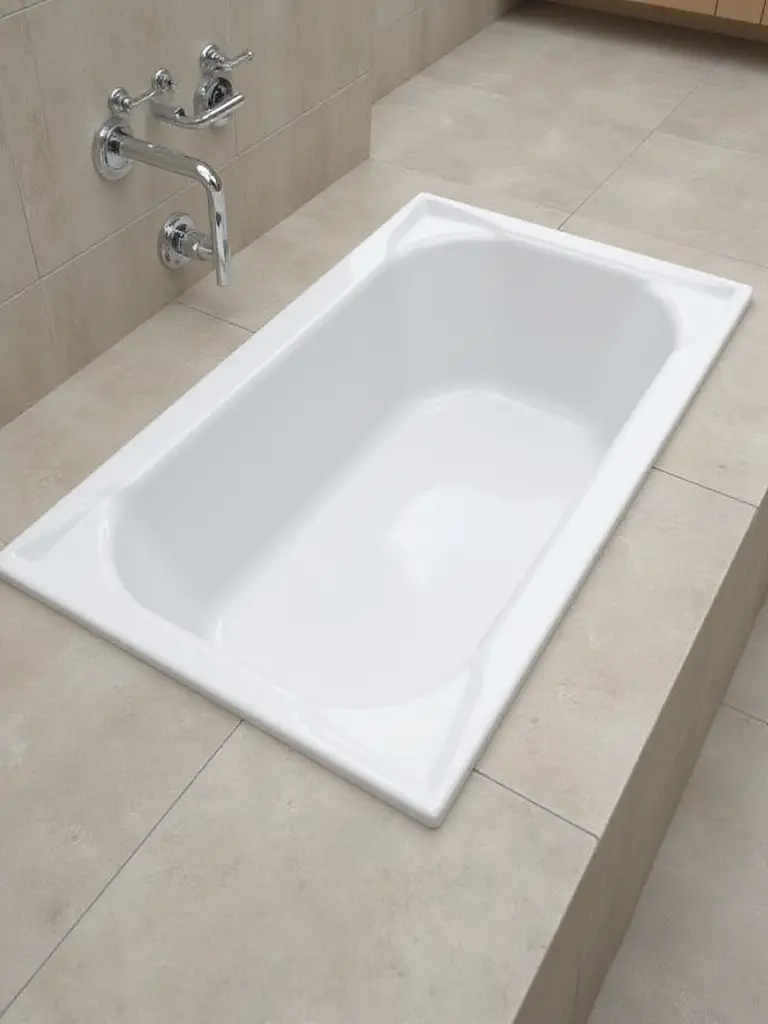 Drop-in bathtub integrated into a custom deck with polished porcelain tiles in a modern bathroom.