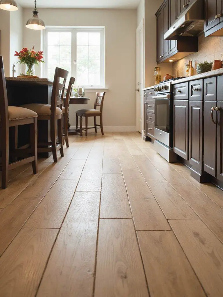 Professional kitchen with wood-look porcelain planks flooring