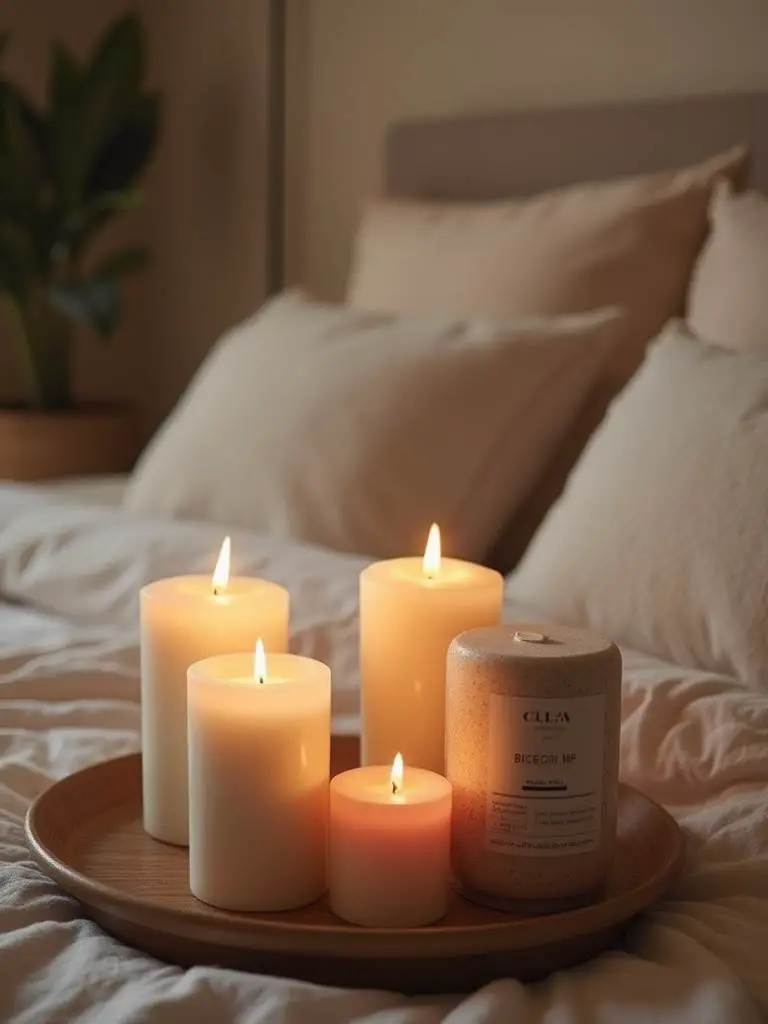 A cozy bedroom scene with candles and a diffuser, creating a warm and inviting ambiance.