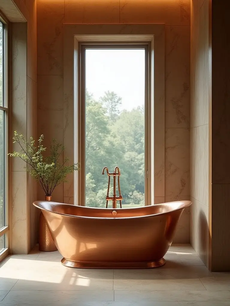Luxurious bathroom with a rustic copper bathtub centerpiece.