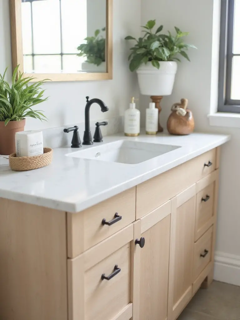 Modern bathroom vanity with updated cabinet hardware in natural lighting