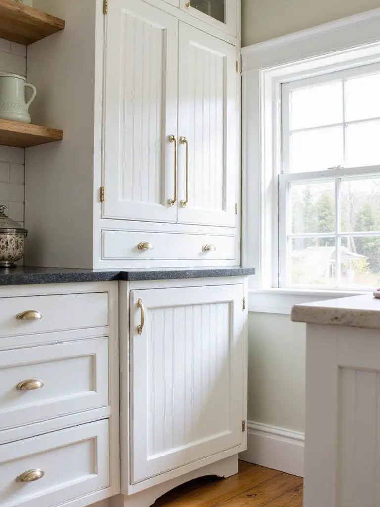 Coastal kitchen with beadboard panel cabinet inserts