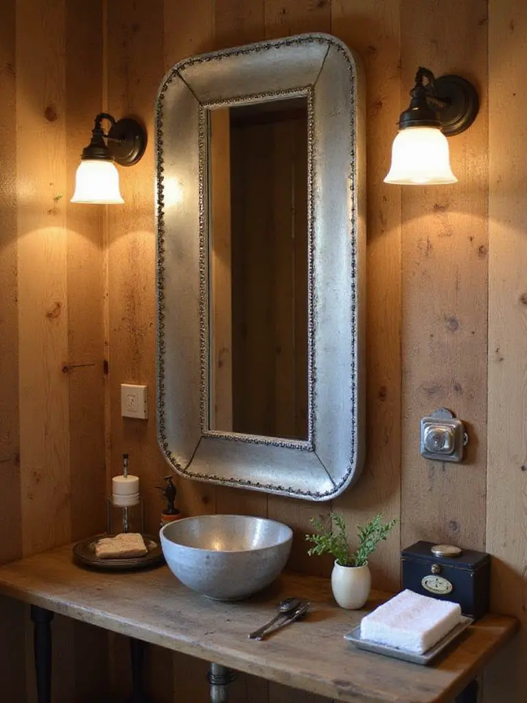 Rustic bathroom with galvanized metal accents including a mirror frame and light fixture.