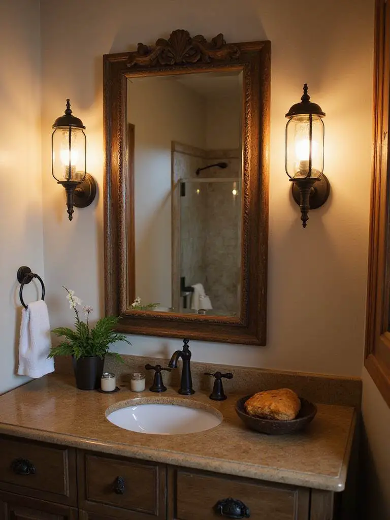 Rustic bathroom with lantern-style sconces providing warm ambient lighting