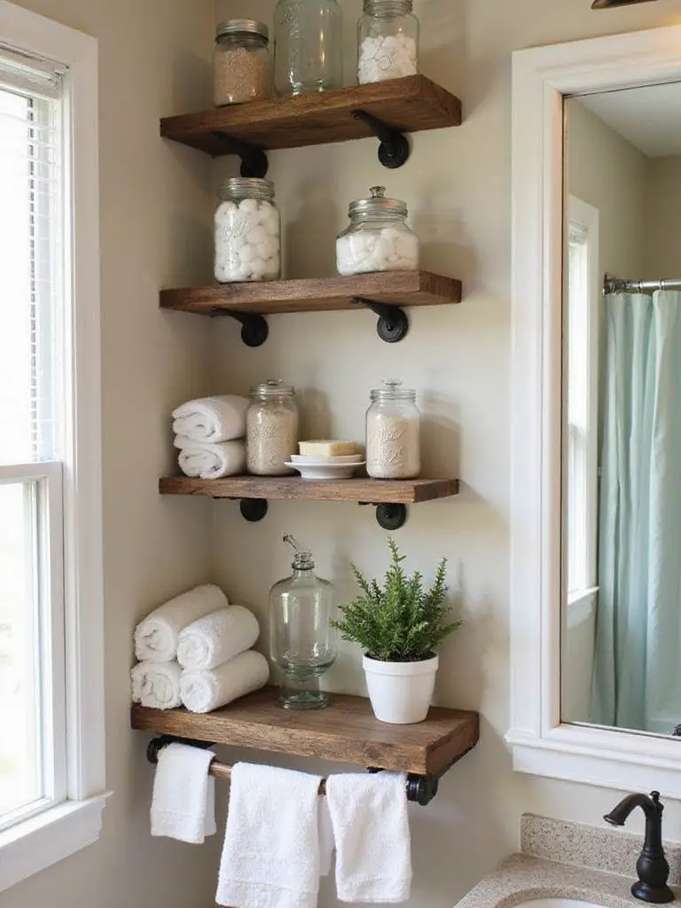 Rustic bathroom with open wood shelving and mason jar storage
