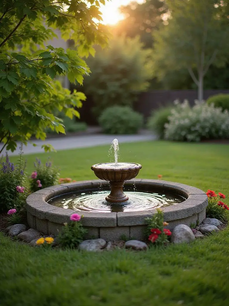 A tranquil self-contained fountain in a lush backyard setting, surrounded by vibrant greenery and flowers.