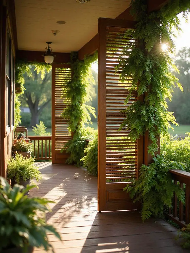 A tranquil porch with privacy screens and vertical gardens for relaxation.