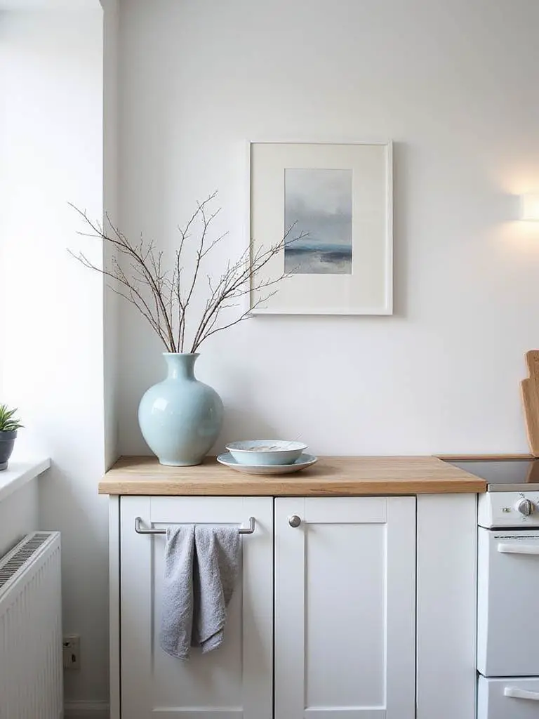 Scandinavian kitchen with subtle gray and blue accents featuring a dusty blue vase and gray towels.