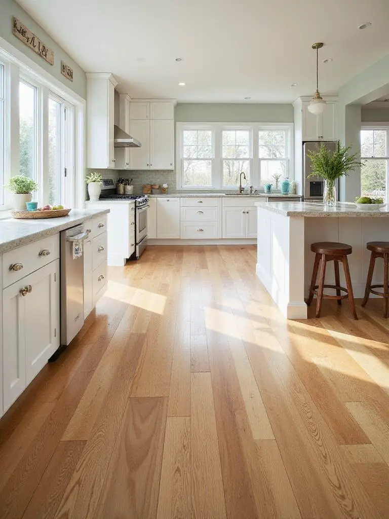 Coastal kitchen with wide plank flooring showcasing warmth and texture