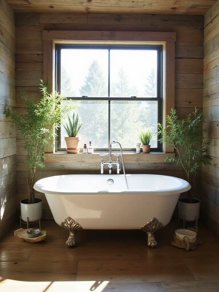 Classic clawfoot tub in a rustic bathroom setting with natural lighting.
