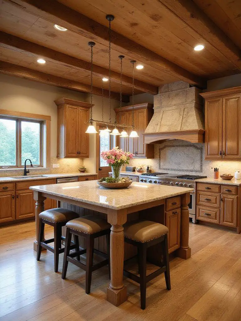 A modern kitchen with a functional kitchen island featuring seating and prep space.