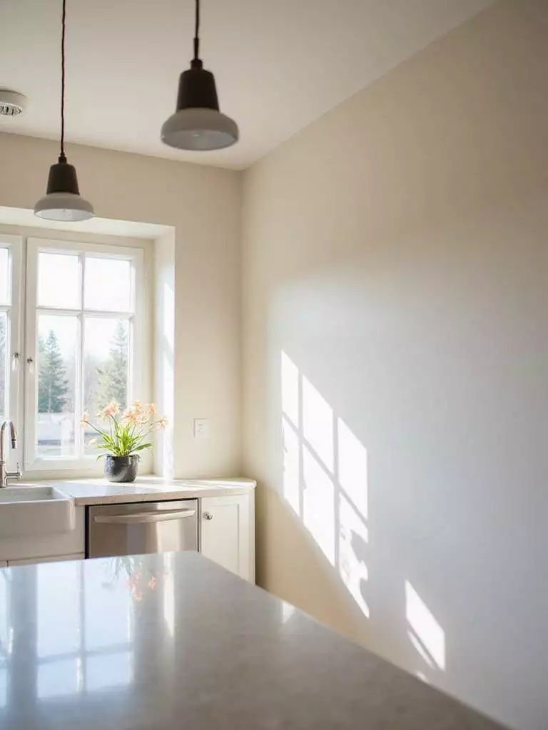 Freshly painted kitchen walls with a smooth finish showing the importance of drying time between coats.