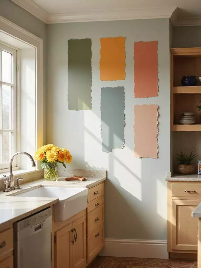A kitchen wall showing large paint samples applied for color testing.