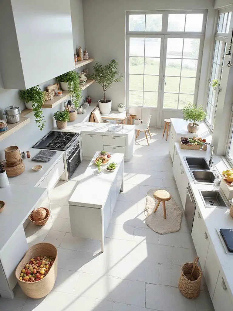 Modern kitchen layout optimized for workflow with distinct zones for cooking, prepping, and cleaning.