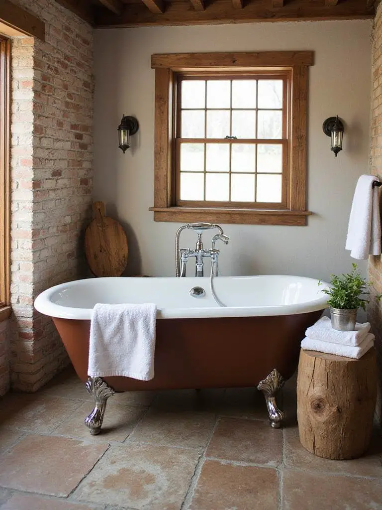 A vintage clawfoot tub in a rustic bathroom setting with natural light and wooden accents.