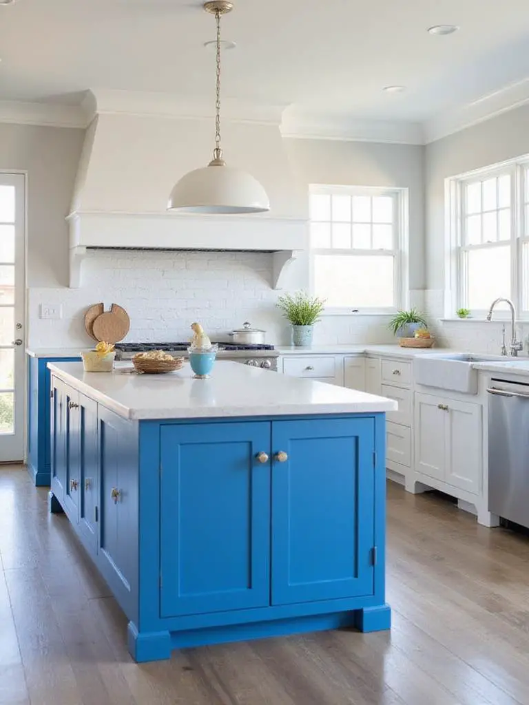 Coastal kitchen with a blue island as a focal point