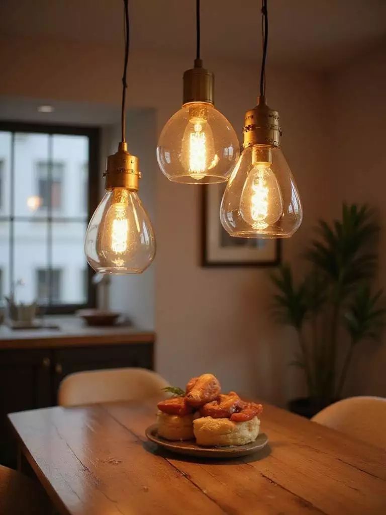 Dining room with ideal lighting design, showcasing fixtures above a table