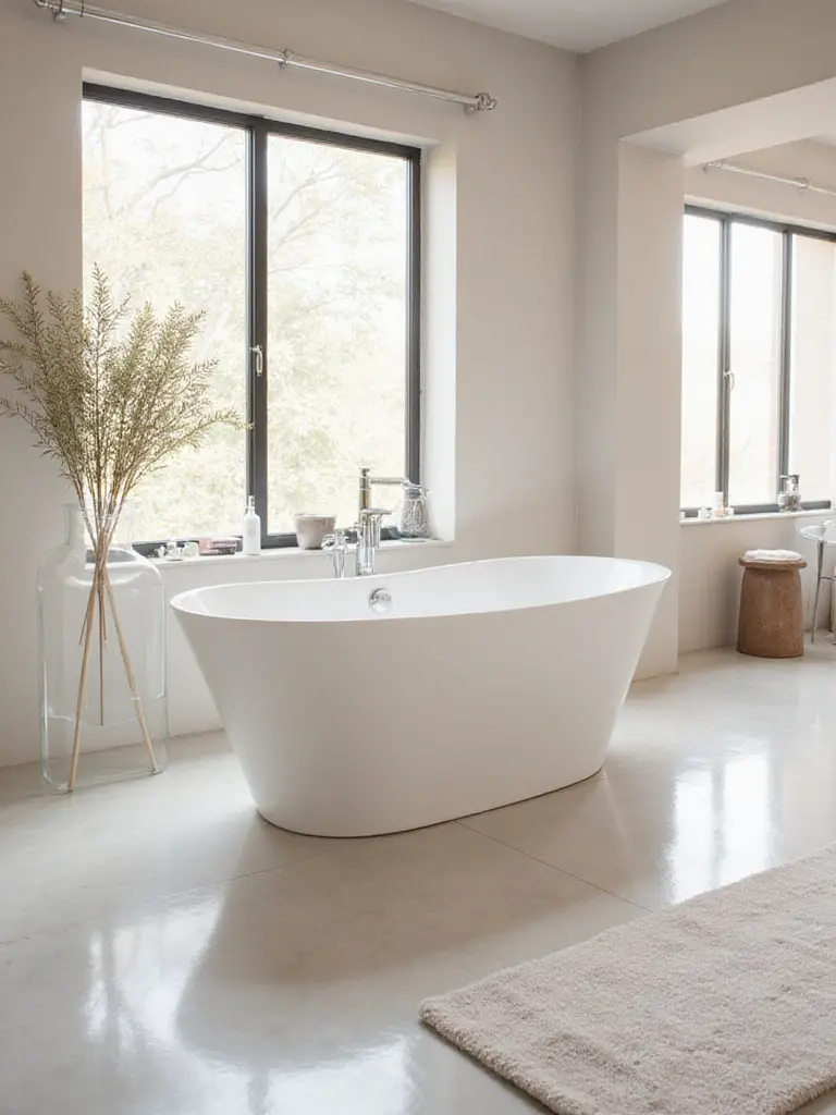 A modern acrylic bathtub in a stylish bathroom setting with natural lighting.